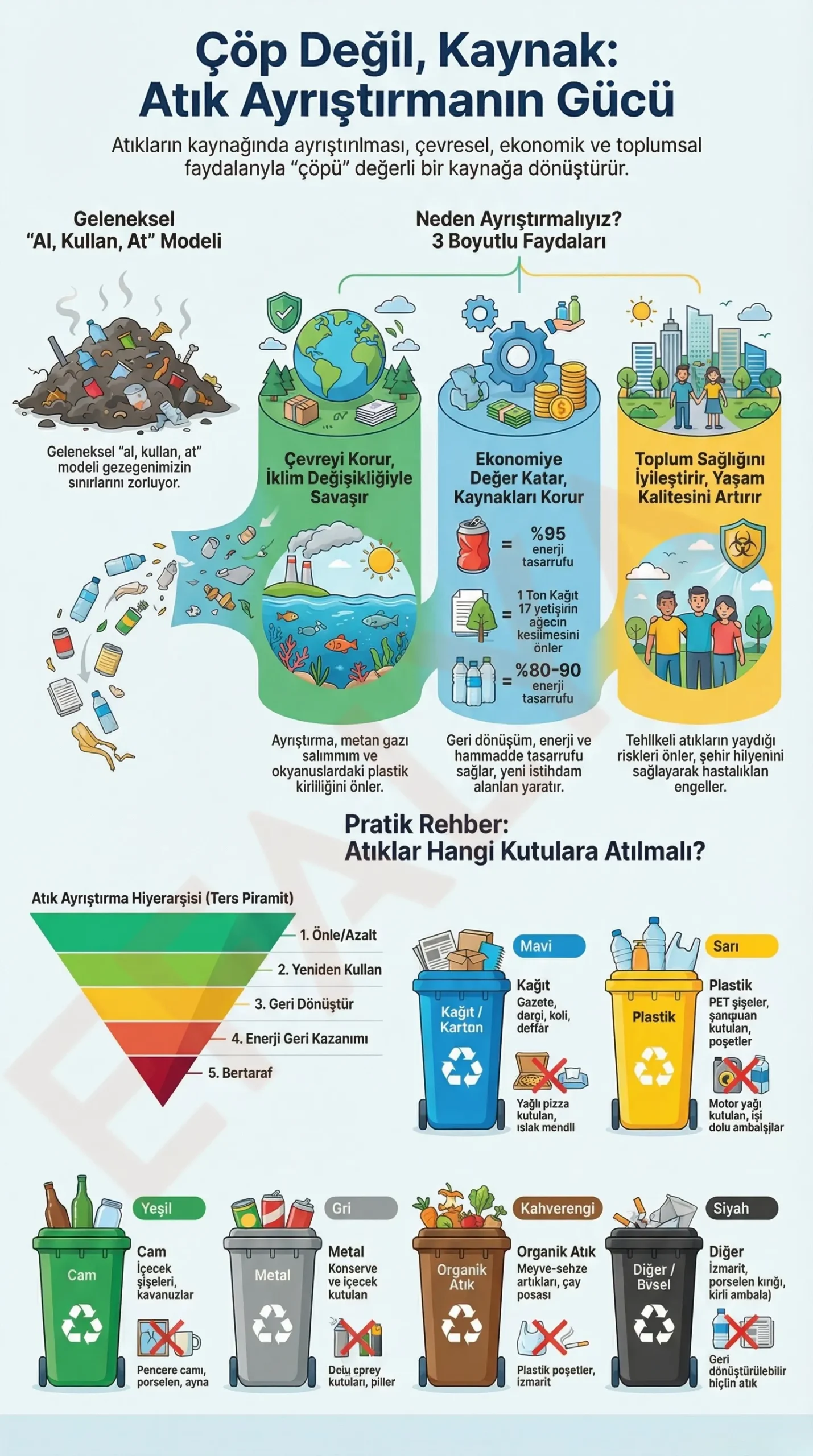 Atık ayrıştırma hiyerarşisi, geri dönüşümün ekonomik faydaları ve atık türlerine göre doğru geri dönüşüm kutusu renk kodlarını gösteren detaylı infografik.
