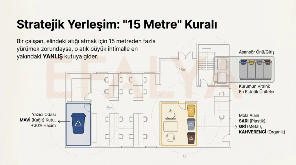 Ofis içi sıfır atık kutusu yerleşim stratejisi ve 15 metre yürüme mesafesi kuralı teknik planı.