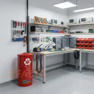 Modern bir elektronik teknik servis atölyesinde, çalışma tezgahı yanında konumlandırılmış; üzerinde beyaz geri dönüşüm sembolü ve "+ ATIK PİL KUTUSU -" yazısı bulunan silindirik kırmızı metal kutu.