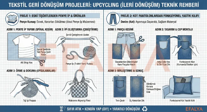 Tekstil geri dönüşüm projeleri; eski tişörtlerden penye ip (t-shirt yarn) yapımı ve kot pantolonlardan fonksiyonel yastık kılıfı tasarımı.