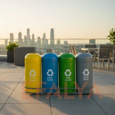 Şehir manzaralı lüks bir rooftop terasında konumlandırılmış; sarı, mavi, yeşil ve gri renkli, domed kapaklı 4lü metal atık ünitesi geri dönüşüm seti.