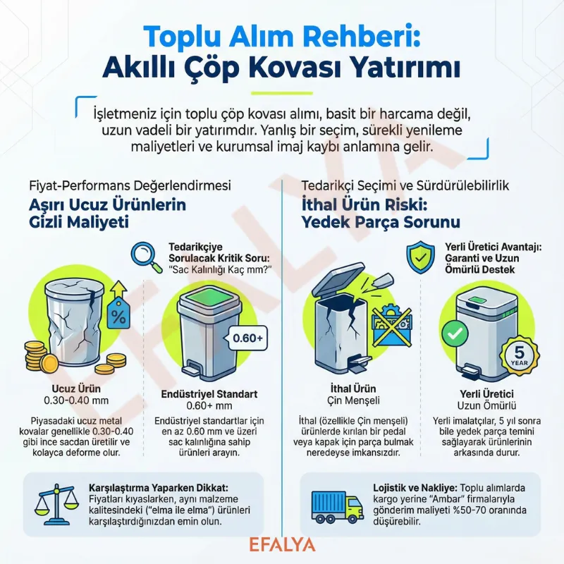 İşletmeler için toplu çöp kovası alım rehberi infografiği. Görselde ucuz metal kova (0.30mm) ile endüstriyel standart (0.60mm+) sac kalınlığı karşılaştırması, ithal ürün riskleri, yerli üretici yedek parça avantajı ve ambar gönderimi ile lojistik maliyet tasarrufu anlatılmaktadır.