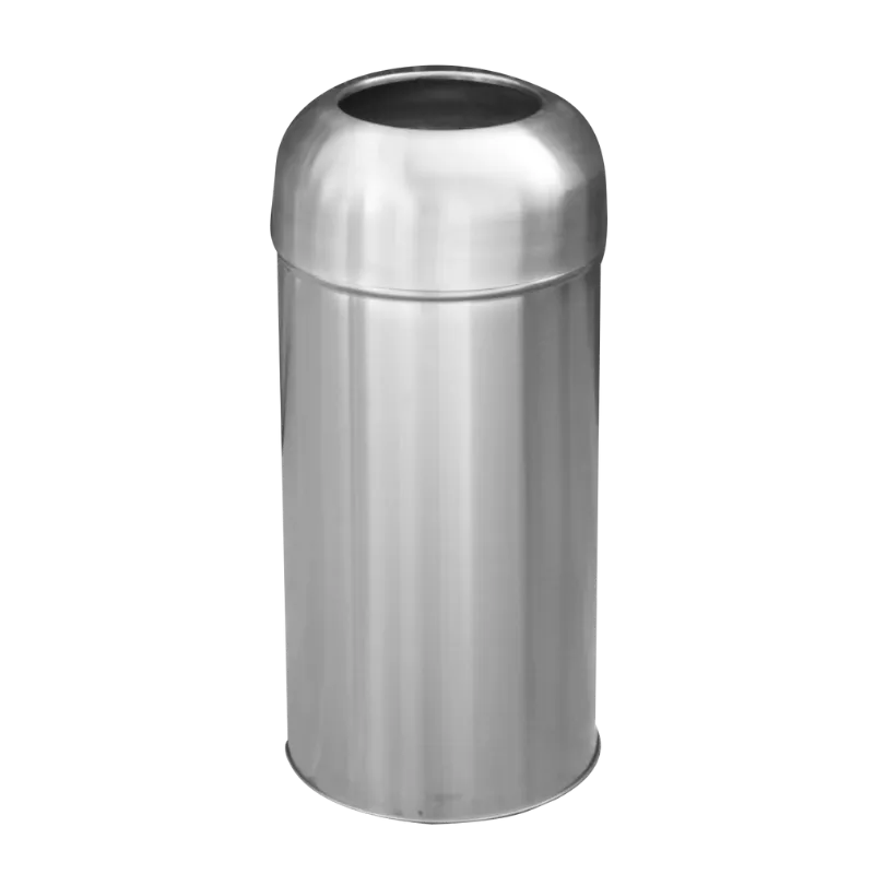 63 litre kapasiteli, paslanmaz çelik gövdeli, kubbe şeklinde yuvarlak ağızlı (torpil model) dekoratif çöp kovası.