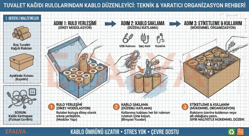 Tuvalet kağıdı rulolarından kablo düzenleyici; dikey modülasyon yöntemi ile kablo karmaşasını önleme rehberi.