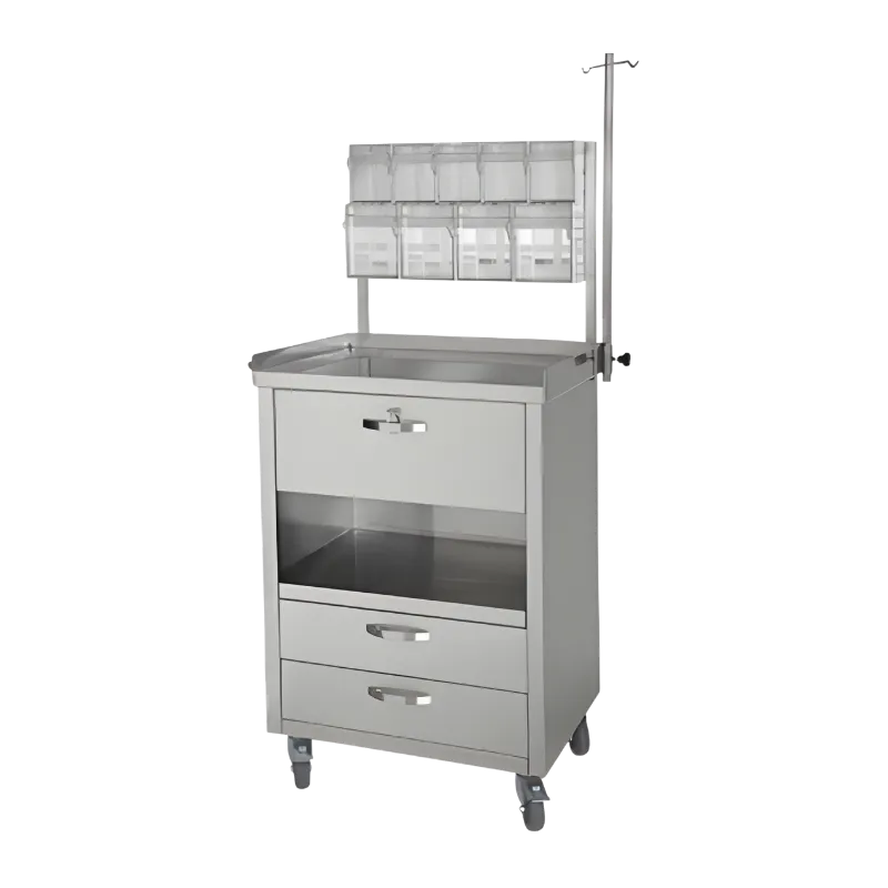 Veteriner klinikleri için tekerlekli, serum askılı, çekmeceli ve şeffaf ilaç kutulu paslanmaz çelik anestezi arabası.