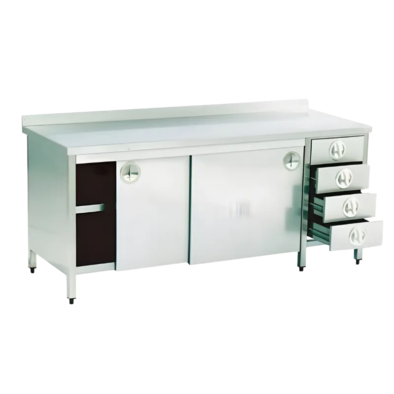 Veteriner klinikleri ve laboratuvarlar için sürme kapaklı alt dolaplı ve dört çekmeceli paslanmaz çelik çalışma tezgahı.