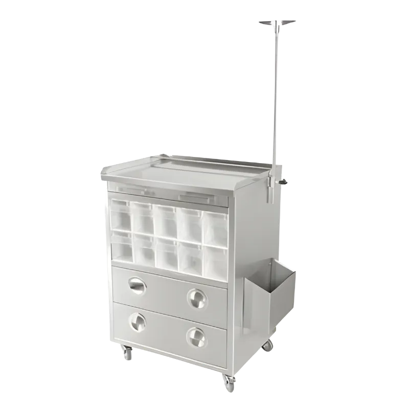 Tekerlekli, serum askılı, çekmeceli ve şeffaf malzeme kutulu paslanmaz çelik veteriner pansuman ve müdahale arabası.