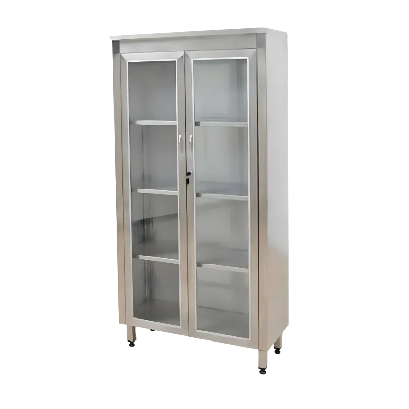 Veteriner klinikleri için iki kapılı, cam bölmeli ve kilitlenebilir paslanmaz çelik ilaç ve alet dolabı.