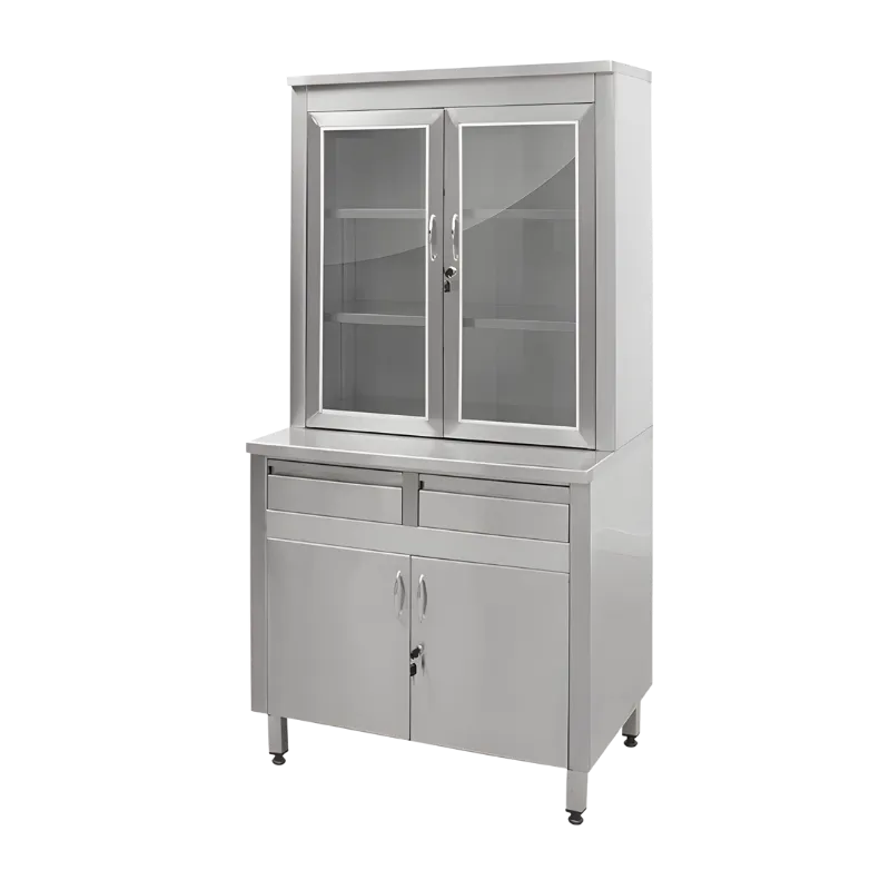 Veteriner cerrahi operasyon odaları için çekmeceli, cam bölmeli ve kilitlenebilir paslanmaz çelik ameliyat dolabı.