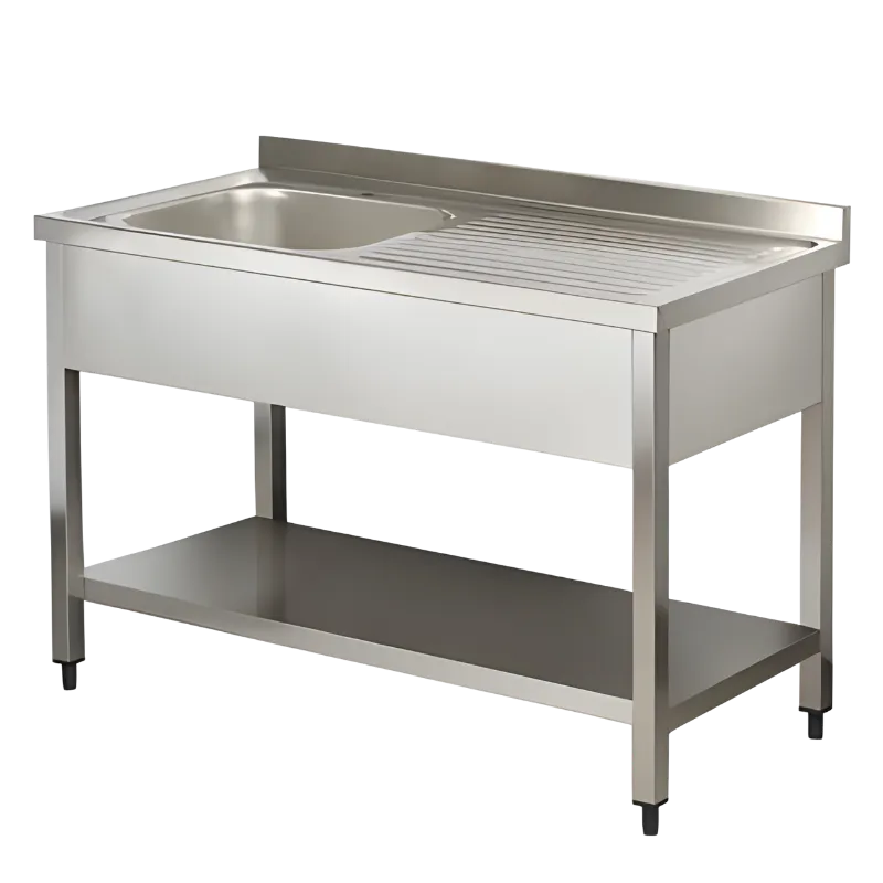 Veteriner cerrahi alet temizliği için paslanmaz çelik evyeli, damlalıklı ve alt raflı medikal sterilizasyon tezgahı.