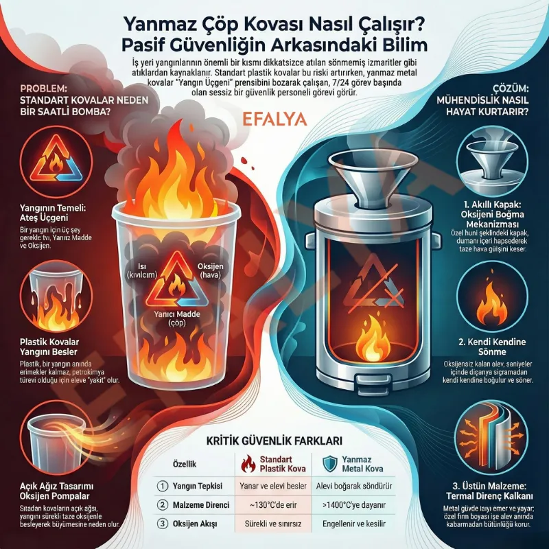 Yanmaz çöp kovası çalışma prensibi ve standart plastik kova ile yangın güvenliği karşılaştırması infografiği.