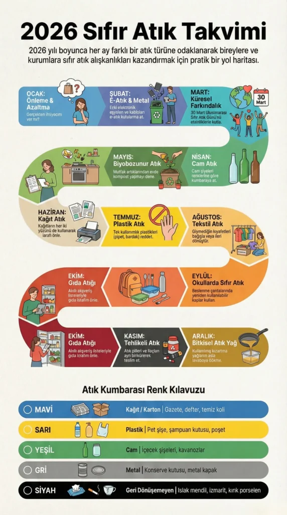 Sıfır atık hareketi nedir, 5D kuralı ve döngüsel ekonominin çevreye faydalarını anlatan bilgilendirici infografik.