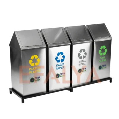 430 kalite parlak paslanmaz çelik gövdeli, sallanır çatı kapak mekanizmalı, poşet tutuculu, 4'lü ayaklı stand üzerinde sıfır atık geri dönüşüm ünitesi.