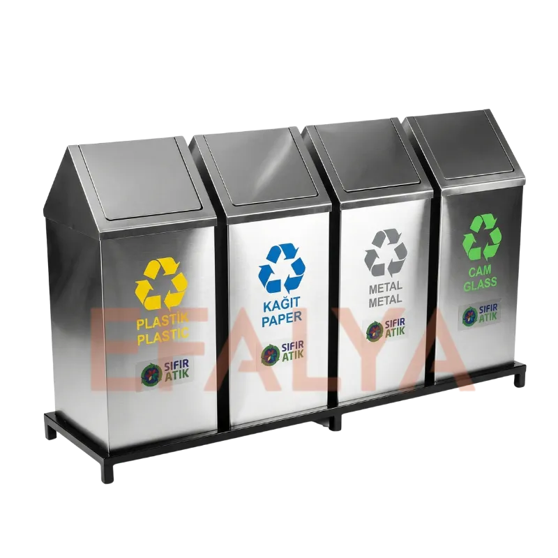 430 kalite parlak paslanmaz çelik gövdeli, sallanır çatı kapak mekanizmalı, poşet tutuculu, 4'lü ayaklı stand üzerinde sıfır atık geri dönüşüm ünitesi.