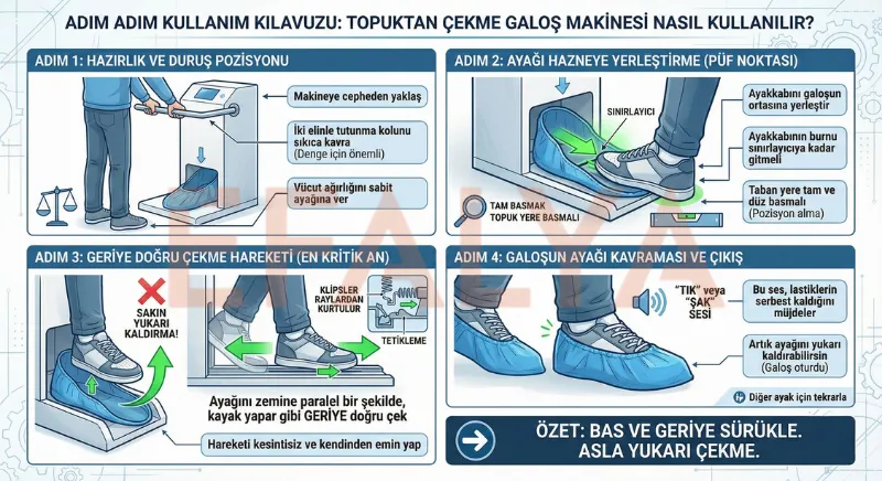 adımda topuktan çekmeli galoş makinesi kullanımı: Hazırlık, yerleştirme, geriye çekme ve galoş giyme aşamalarını anlatan şema.