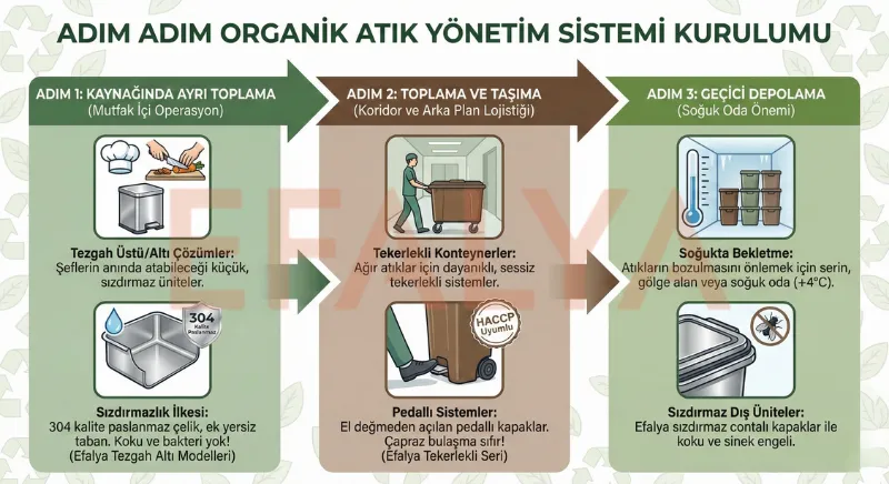 Mutfakta tezgah altı ayrıştırma, koridorda taşıma ve soğuk oda depolama süreçlerini gösteren organik atık sistemi kurulum akış şeması.