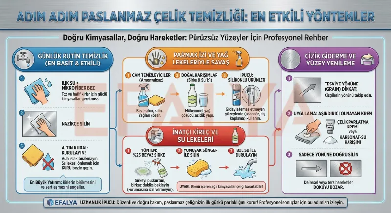 Adım adım paslanmaz çelik temizliği, parmak izi ve yağ lekelerini çıkarma yöntemleri, kireç temizliği ve çelik yüzeydeki çizikleri giderme tekniklerini gösteren Efalya pratik bakım tablosu.