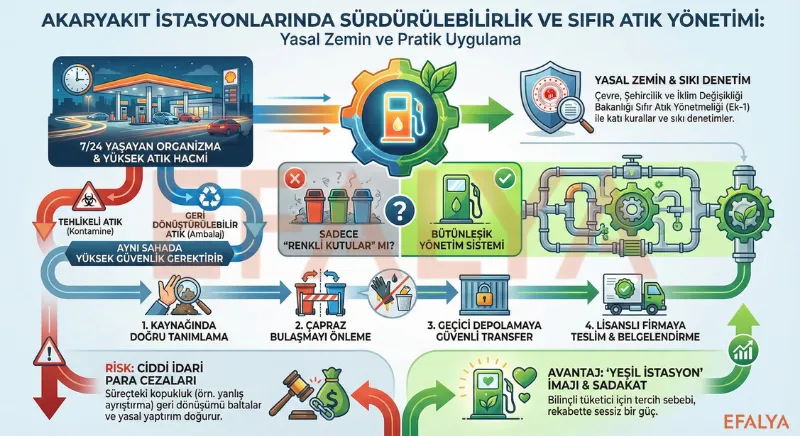 Akaryakıt istasyonlarında atık tanımlama, çapraz bulaşmayı önleme ve depolama adımlarını gösteren sıfır atık yönetimi iş akış şeması.