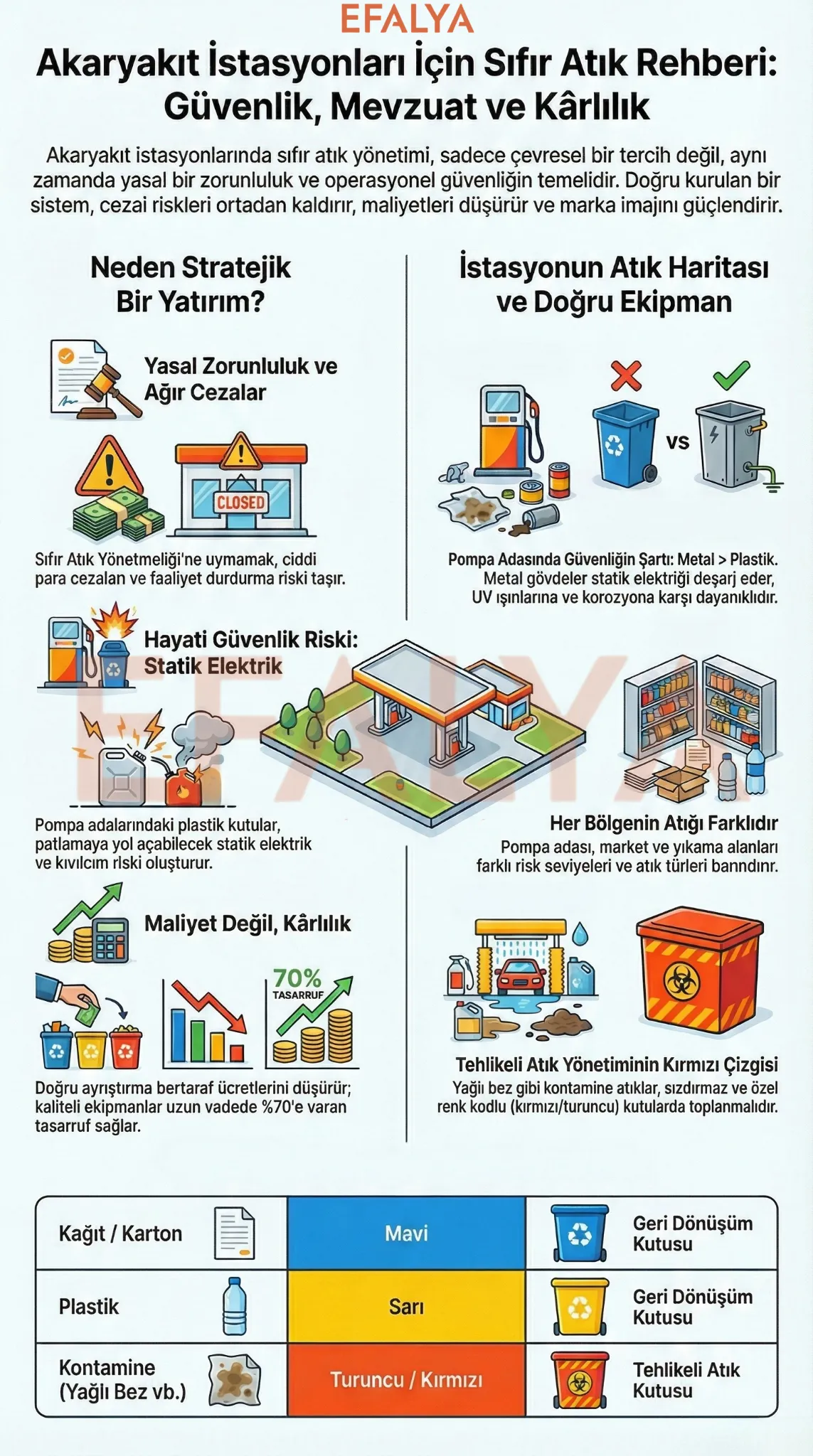 Güvenlik, mevzuat ve karlılık odaklı akaryakıt istasyonu sıfır atık rehberi ve renk kodları tablosu.