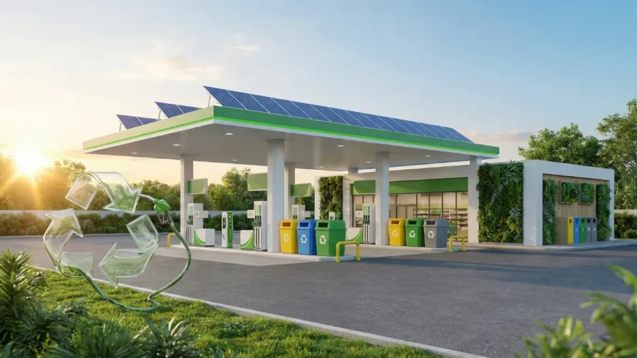 Güneş panelleri, dikey bahçeler ve renkli sıfır atık geri dönüşüm kutuları ile donatılmış sürdürülebilir bir akaryakıt istasyonu tasarımı.