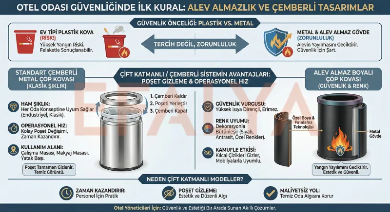 Otel banyolarında hijyen sağlayan sallanır kapaklı (swing) çöp kovaları, kare ve yuvarlak formların karşılaştırması ve 304 kalite paslanmaz çelik malzeme avantajları.