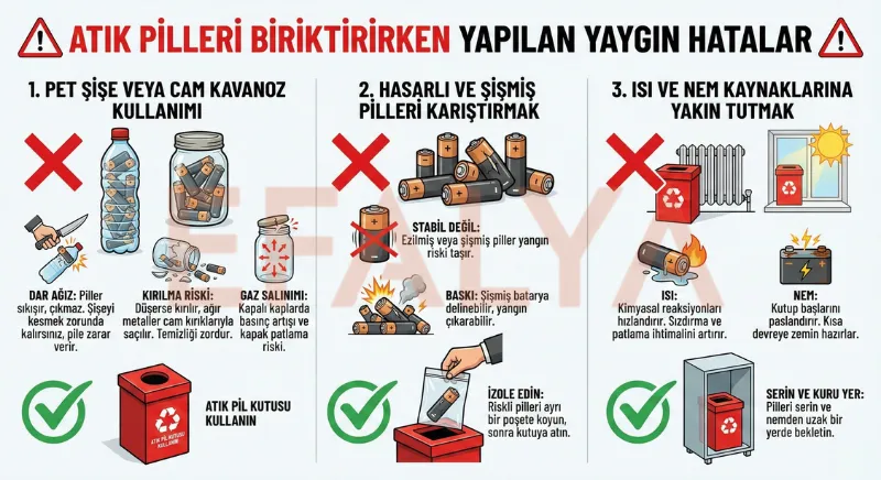 Atık pilleri biriktirirken yapılan yaygın hatalar ve çözümleri infografiği. Pet şişe veya cam kavanozda pil biriktirmenin riskleri, hasarlı pillerin ayrıştırılması ve pillerin ısıdan korunması gerektiğini anlatan uyarıcı görsel. Doğru atık pil kutusu kullanım rehberi.