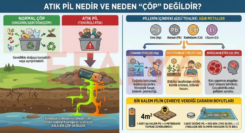 Atık pil nedir ve neden çöp değildir başlıklı infografik görseli. Atık pillerin toprağa ve suya sızarak verdiği zararlar, içerdikleri cıva, kurşun, kadmiyum gibi ağır metallerin sağlık üzerindeki etkileri ve bir pilin çevreye verdiği tahribatın boyutları detaylı bir şekilde anlatılmaktadır.