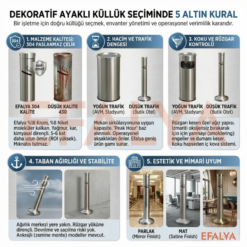 Efalya dekoratif ayaklı küllük seçiminde malzeme kalitesi, hacim, rüzgar kontrolü, stabilite ve estetik uyumu karşılaştıran 5 maddelik teknik rehber infografiği.