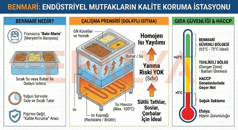 Benmari çalışma prensibi, su buharı ile gıda ısıtma tekniği ve rezistanslı ısı kontrol sistemi detayları.