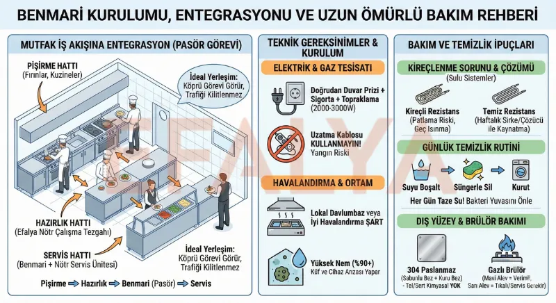 Endüstriyel mutfakta benmari kurulumu, yanında nötr çalışma tezgahı ve hijyenik servis alanı yerleşimi.