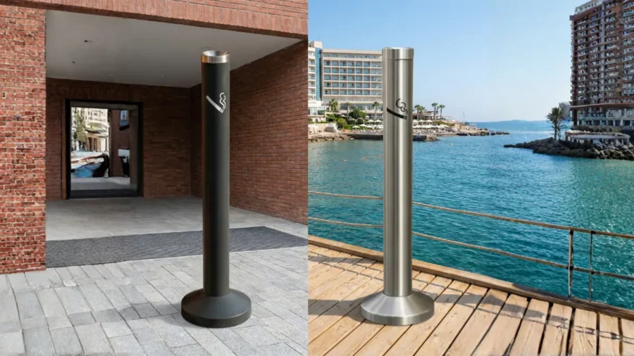 Solda bina girişinde siyah elektrostatik boyalı boru küllük, sağda deniz kenarında paslanmaz çelik krom boru küllük yan yana karşılaştırma görseli.