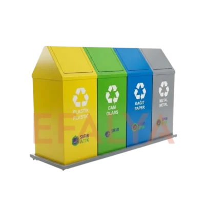 Sarı plastik, yeşil cam, mavi kağıt ve gri metal atık hazneli, çatı kapak tasarımlı, elektrostatik boyalı, standlı dörtlü sıfır atık geri dönüşüm kutusu.