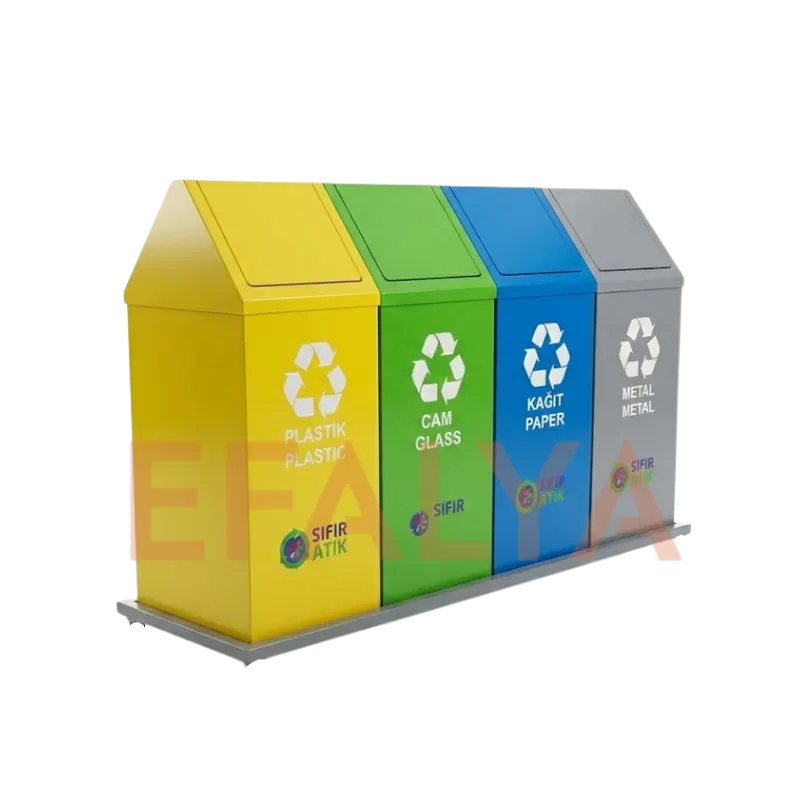 Sarı plastik, yeşil cam, mavi kağıt ve gri metal atık hazneli, çatı kapak tasarımlı, elektrostatik boyalı, standlı dörtlü sıfır atık geri dönüşüm kutusu.