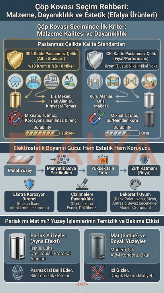 304 ve 430 kalite paslanmaz çelik arasındaki farkları, elektrostatik boya avantajlarını ve mat-parlak yüzey özelliklerini gösteren Efalya teknik bilgi grafiği.