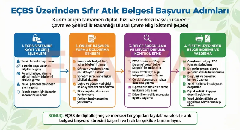EÇBS sistemi üzerinden online sıfır atık belgesi başvurusu, belge sorgulama ve indirme adımları görsel rehberi.