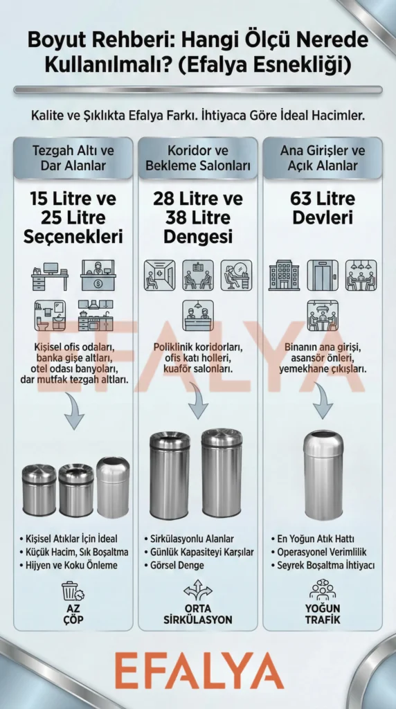 15 litreden 63 litreye kadar çöp kovası hacimlerinin kullanım alanlarını gösteren Efalya boyut rehberi şeması; tezgah altı, koridor ve bina girişleri.