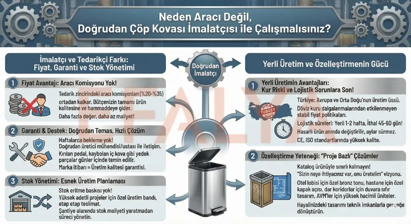 Modern iş merkezi önünde Efalya marka 304 kalite paslanmaz çelik sallanır kapaklı, çemberli ve torpil kapaklı dış mekan çöp kovası modelleri.