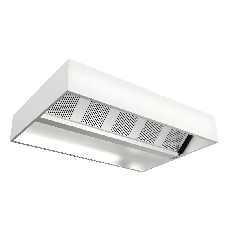 Çift yönlü alev savar filtre sistemine sahip, tavana asılan, paslanmaz çelik endüstriyel orta tip (ada tipi) mutfak davlumbazı.