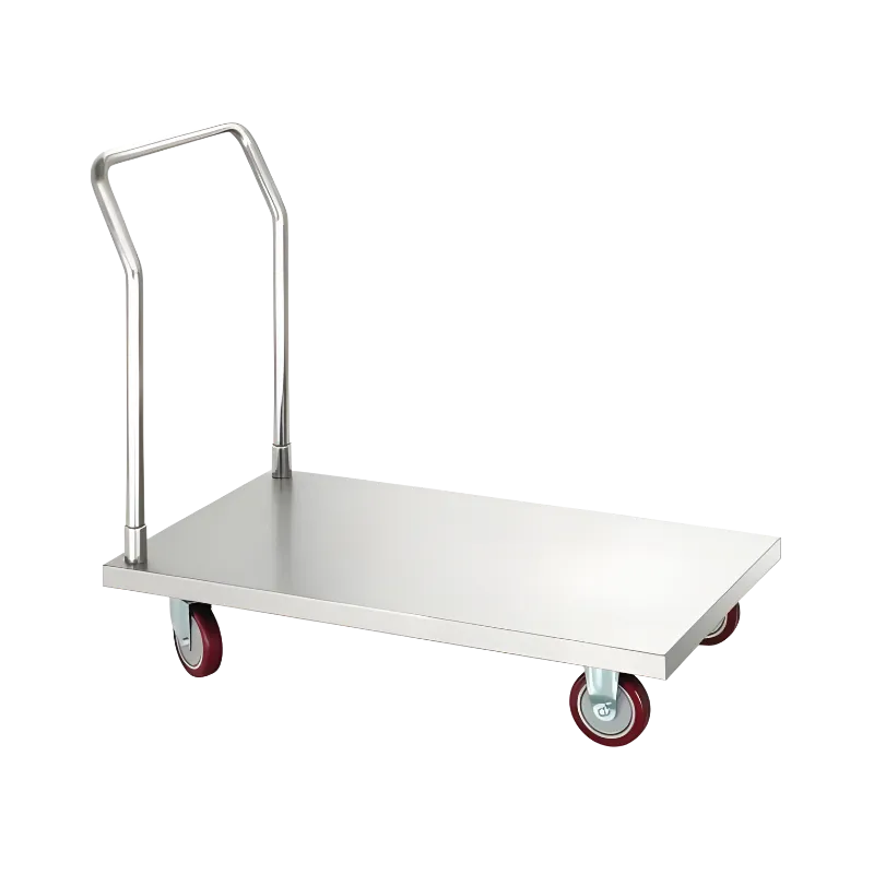 100x75 cm geniş platformlu, tabla altı güçlendirilmiş, paslanmaz itme barlı ve ağır yük tekerlekli endüstriyel koli taşıma arabası.