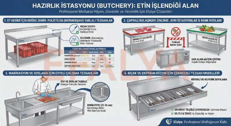 Kasap ve et hazırlık bölümleri için polietilen (mermerşahi) tablalı çalışma tezgahları, marinasyon evyeleri ve bıçaklık çekmeceli tezgah modellerinin özellikleri.