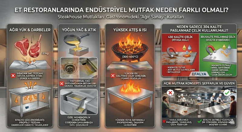 Steakhouse mutfaklarında ağır yük, yoğun yağ ve yüksek ateş sorunlarına karşı 304 kalite paslanmaz çelik kullanımı ve Efalya güçlendirilmiş profil çözümlerini anlatan infografik.