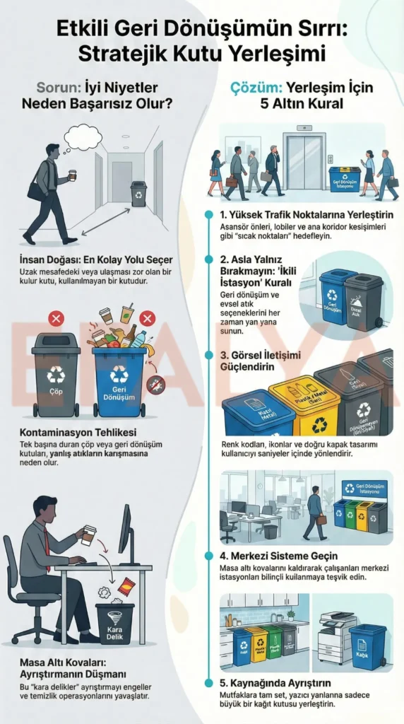 Etkili geri dönüşüm için stratejik kutu yerleşimi infografiği: Masa altı kovalarının zararları, ikili istasyon kuralı ve doğru görsel iletişim tekniklerini anlatan karşılaştırmalı tablo.