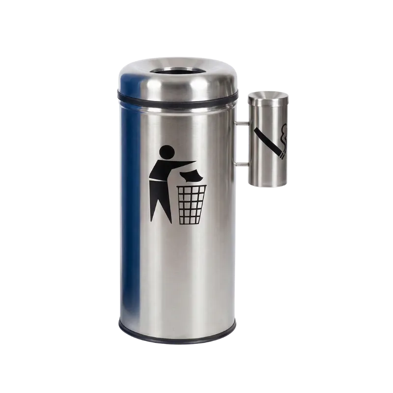30 cm çapında, fırçalanmış 430 kalite paslanmaz çelikten üretilmiş, silindir gövdeli, çıkarılabilir yandan küllük hazneli ve çöp atma ikonlu bina girişi atık ünitesi.