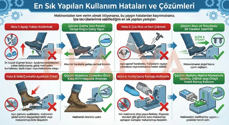 Galoş makinesi kullanımında yapılan yanlışlar: Ayağı havaya kaldırma ve sert çekme hatalarını gösteren uyarı görseli.