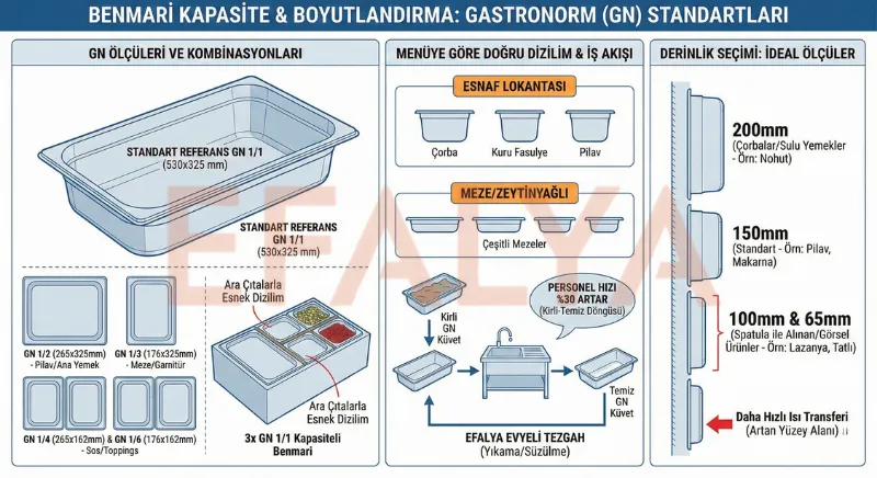Benmari tezgahı içerisine yerleştirilmiş GN 1/1, GN 1/2 ve GN 1/3 ölçülerinde paslanmaz çelik gastronom küvet dizilimi.