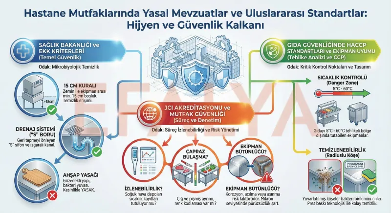 Sağlık Bakanlığı yönetmelikleri, JCI akreditasyon kriterleri ve HACCP standartlarına uygun hastane mutfak hijyen kuralları infografiği.