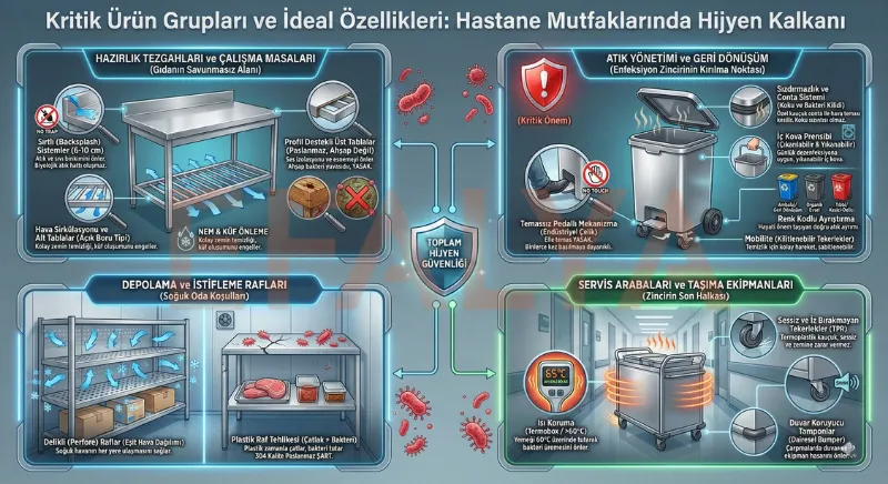 Hastane mutfakları için temassız pedallı atık kovaları, sırtlı hazırlık tezgahları ve hijyenik tasarım detayları.