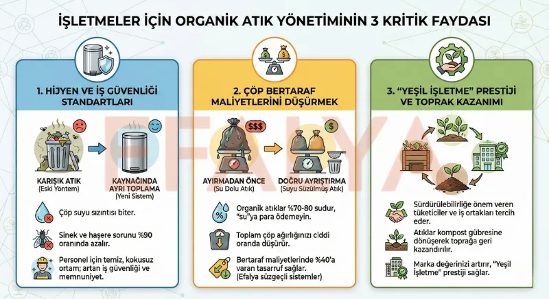 İşletmelerde organik atık yönetiminin hijyen, maliyet düşürme ve yeşil işletme prestiji açısından 3 temel faydasını gösteren şema.