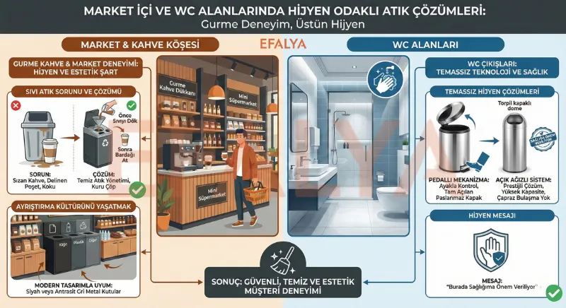 Akaryakıt istasyonu marketlerinde sıvı atık hazneli geri dönüşüm üniteleri ve WC alanları için temassız pedallı paslanmaz çöp kovaları.