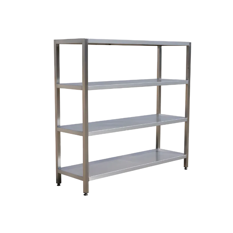40x40 veya 40x20 mm profil seçenekli, ayarlanabilir rotil ayaklı, paslanmaz çelik 4 katlı endüstriyel istif ve depo rafı.